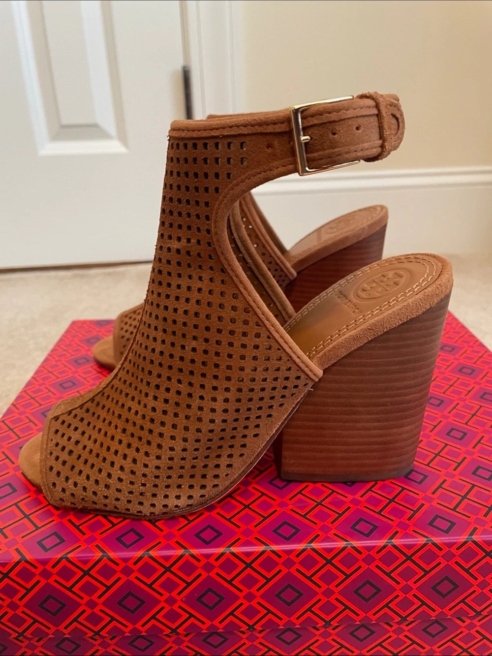Tory Burch Royal Tan Perforated Suede Open-Toe Booties